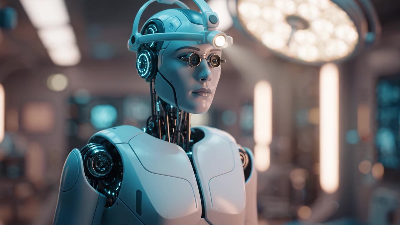 Robot Chirurgico Futuristico in una Sala Operatoria ad Alta Tecnologia Regola la Sua Attrezzatura Visiva per Procedure Mediche di Precisione in un Contesto Sci-fi