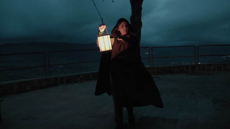 謎の女性が夜に広場を歩く 犯罪の暗の中で