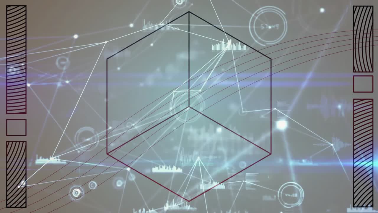 wireframe hexagon being animated over grey blue background, showing nodes, lines, chart icons