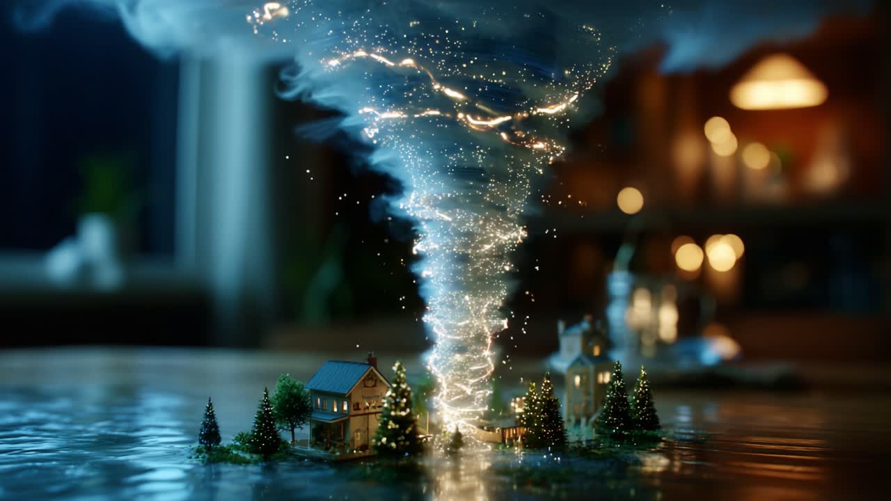 A Captivating Scene of a Miniature Tornado Whirling Around Delicate Model Houses and Trees, Creating a Magical Atmosphere with a Mix of Sparkling Light and Enchanted Surroundings