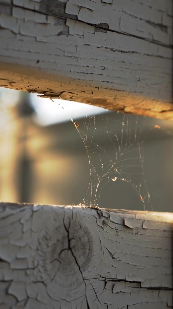 Video verticale: Telecamera in movimento che inquadra una ragnatela che luccica al sole su un portico con vernice scrostata.