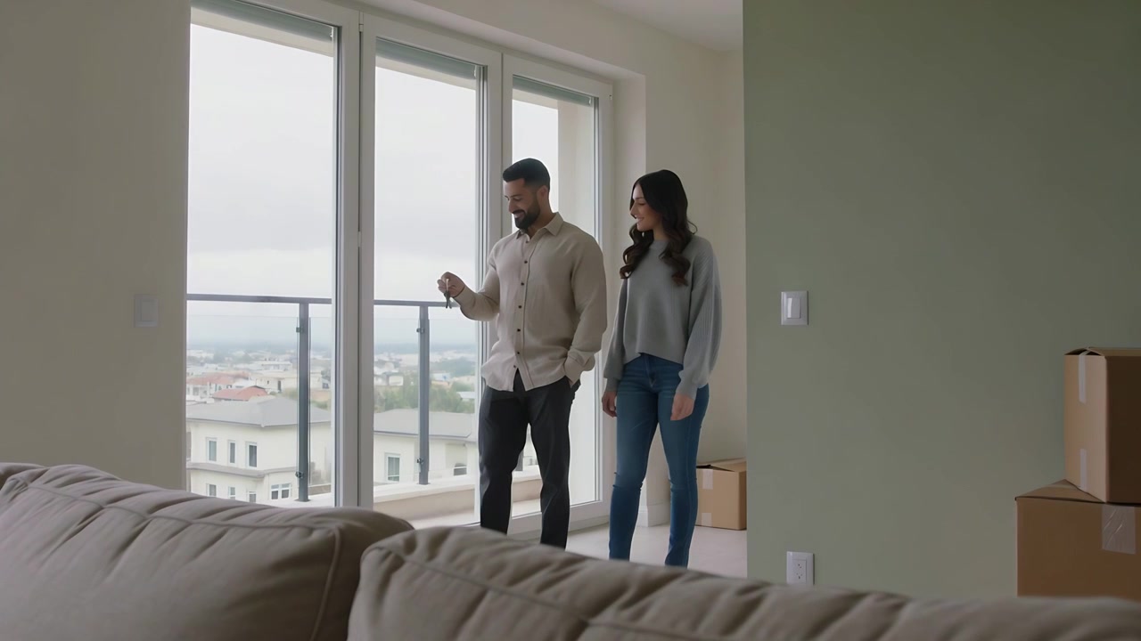 Pareja entrando en la habitación, inspeccionando la vista del balcón mientras el hombre maneja las llaves, con cajas de mudanza visibles.
