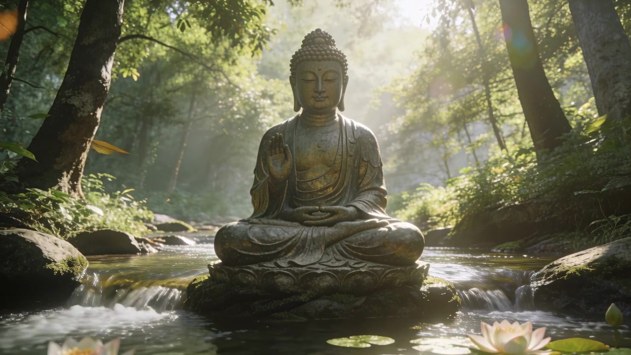 Statua di Buddha seduto e immobile, che domina un ruscello forestale illuminato dal sole, mentre la brezza porta petali e increspature.