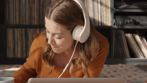 beautiful woman listening to music on laptop at home headphones drinking coffee