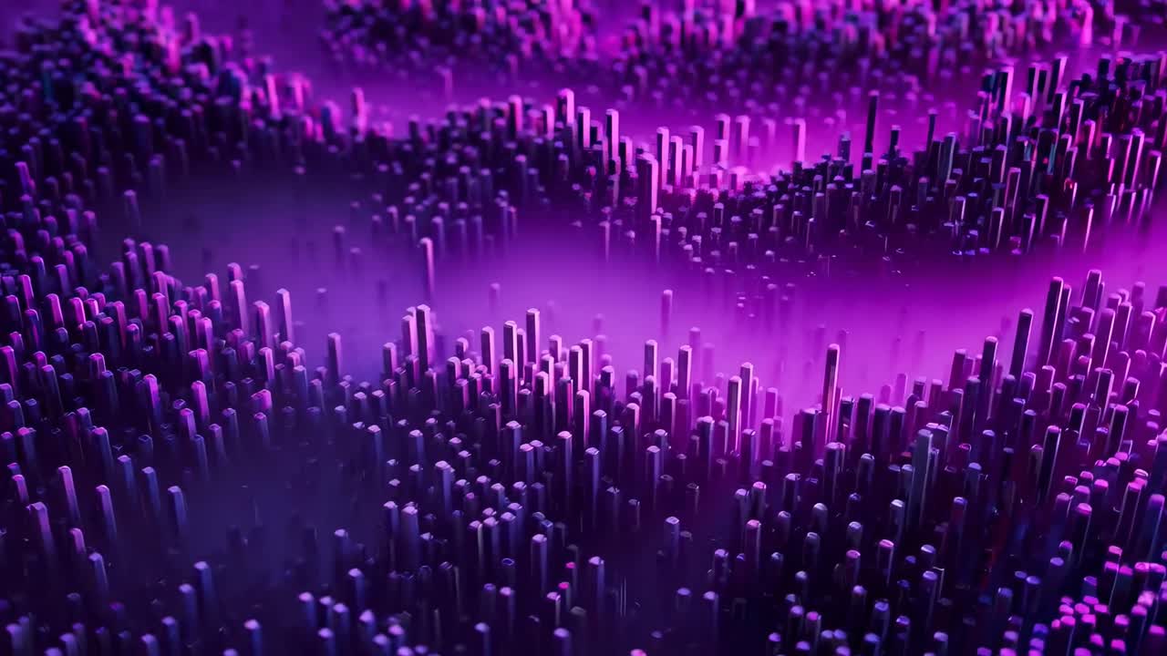 Abstract video concept with a low-angle view of purple 3D pillars, creating a futuristic vibe