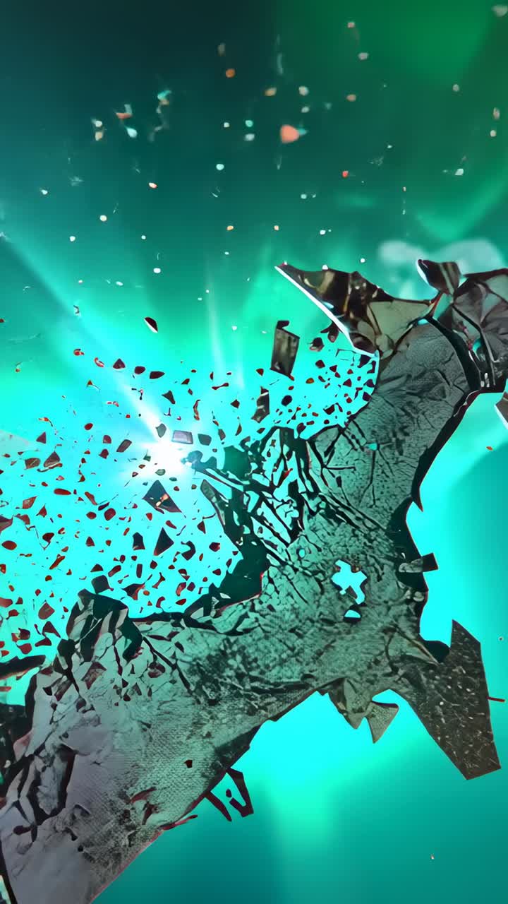 Vertical video: Bursting light pushing jagged metal panel cracking in teal void, shedding shards
