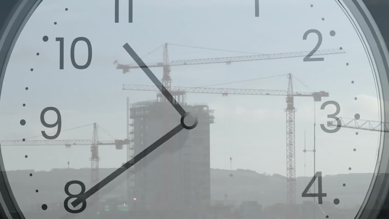 Animation of clock ticking over cityscape