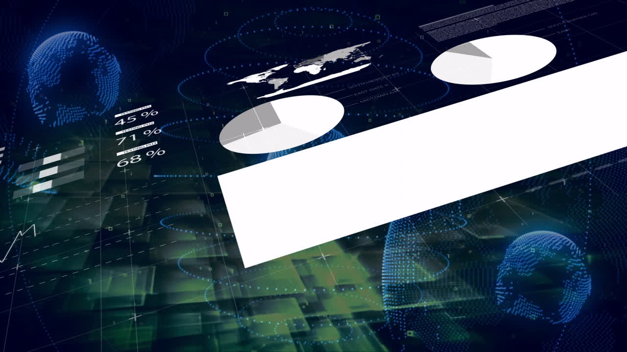 Animation of global network map with digital pie charts and percentages displayed