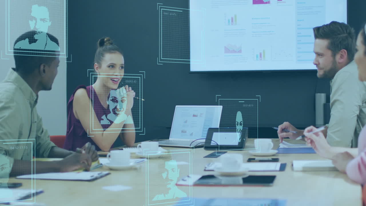 In school, diverse team using animation for business strategy discussion with overlays