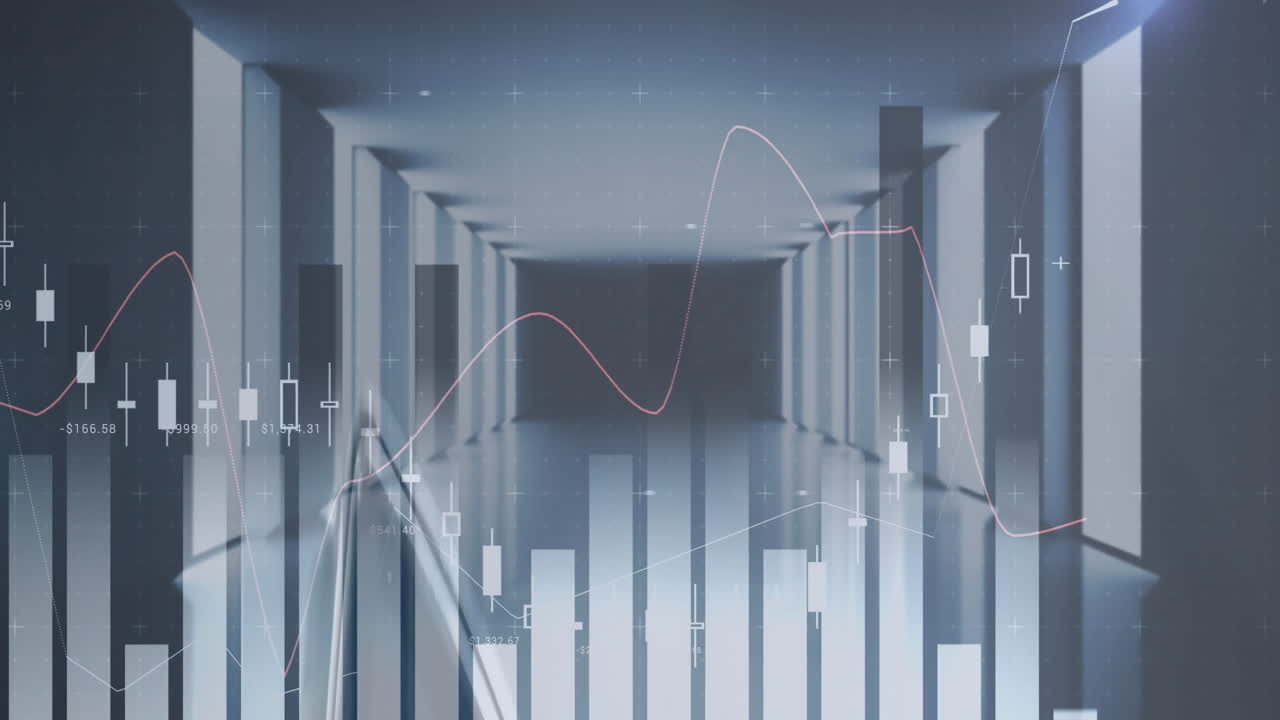 Financial data charts and graphs animation over futuristic corridor background