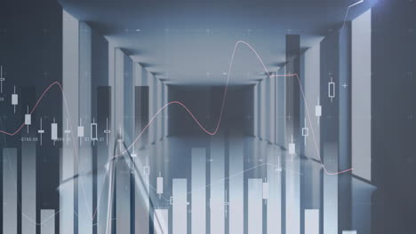 Financial-data-charts-and-graphs-animation-over-futuristic-corridor-background