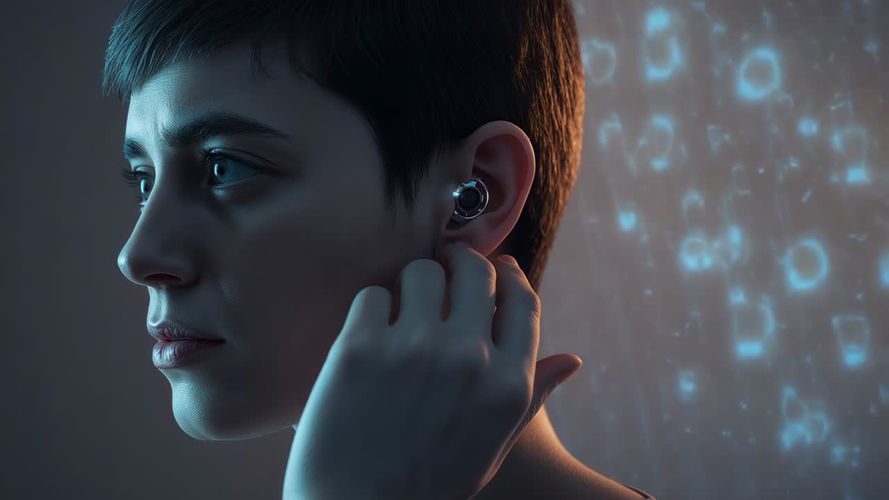 Notifica sonora, donna che apre gli occhi e modifica l’auricolare destro in studio con glifi blu