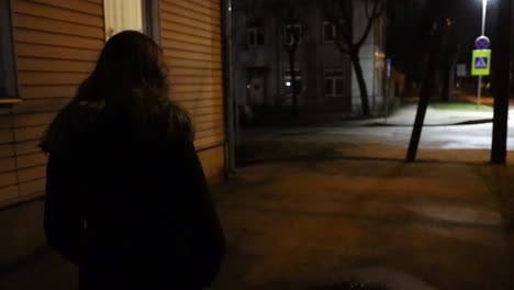 girl taking a walk in the city at night time slow motion, view from the back