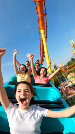 excited friends enjoying a thrilling rollercoaster ride