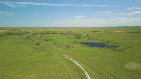 vast green plains with small pond during sunny day in kazakhstan, central asia