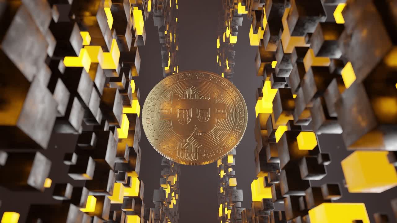 Bitcoin coin floating inside abstract tunnel of black and yellow cubic blocks. 3D digital cryptocurrency symbol. Blockchain and virtual currency concept. vertical