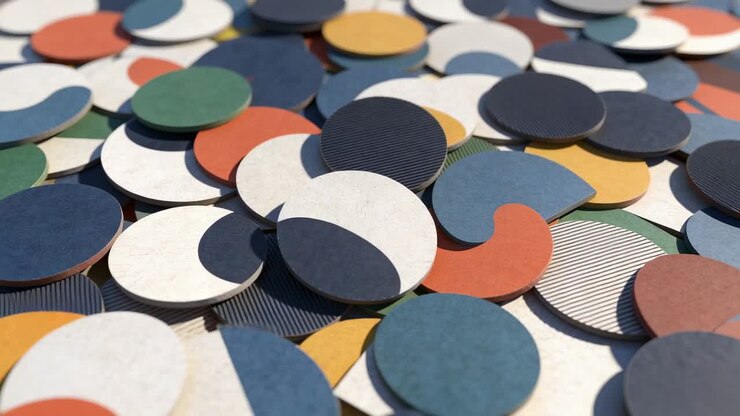 Pulling camera slowly passing over tabletop pile, showing stacked paper discs for detail