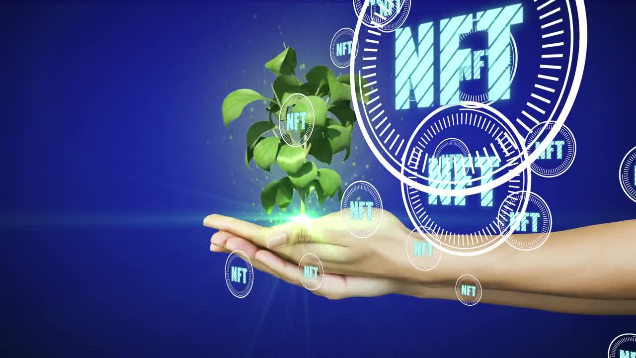 animación de la mano con árbol y procesamiento de datos sobre fondo oscuro