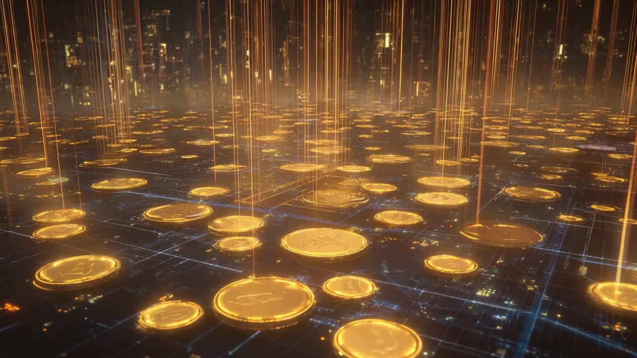 Futuristic digital landscape showing golden cryptocurrencies on a circuit board, with glowing orange light beams representing the transfer of data and financial information across the network
