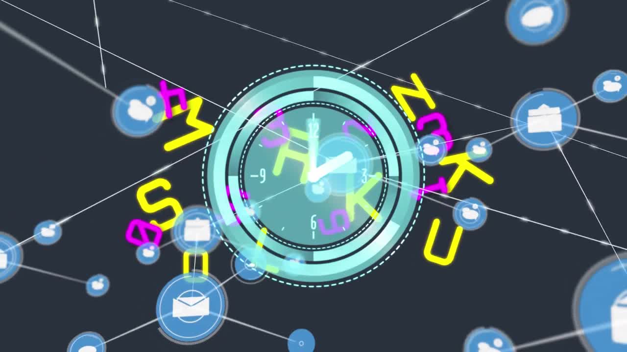 검은색 배경에서 시계 위의 아이콘과 데이터 처리를 가진 연결 네트워크의 애니메이션