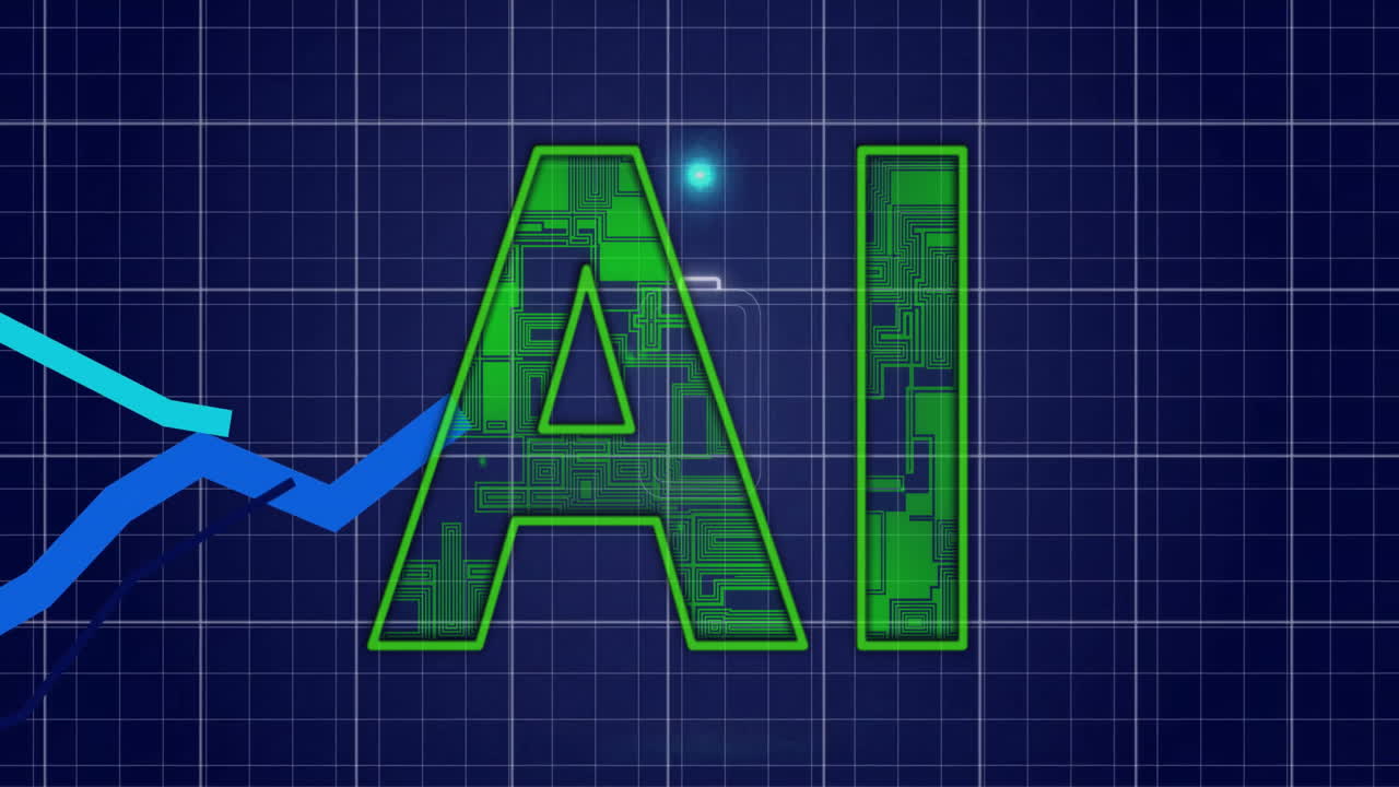 AI text with digital circuit patterns over blue grid background