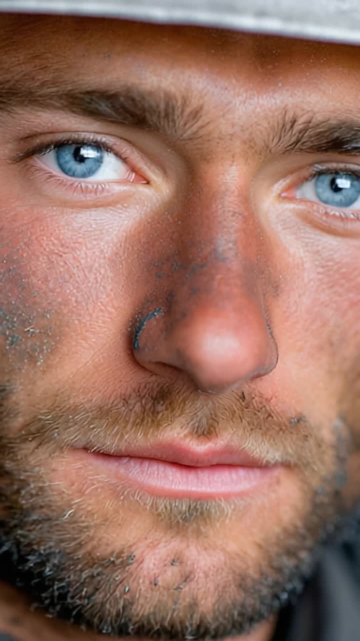A Close-Up Study of a Weathered Man's Expression, Capturing the Depth of Character with Striking Blue Eyes and Earthy Tones of Dirt and Grit