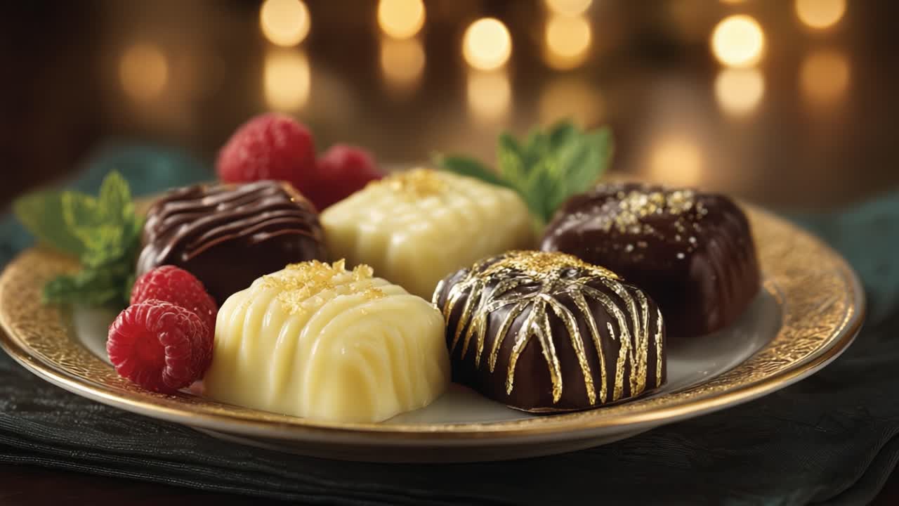 An Exquisite Display of Gourmet Chocolate Confections with Fresh Raspberries and Mint, Perfectly Arranged on a Decorative Plate for a Luxurious Treat Experience