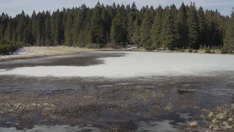 Birds-eye-view-of-Black-lake-in-Zabljak,-Montenegro