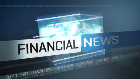 financial news opener intro screen with text overlay, ticker with live stock market price developments and world map