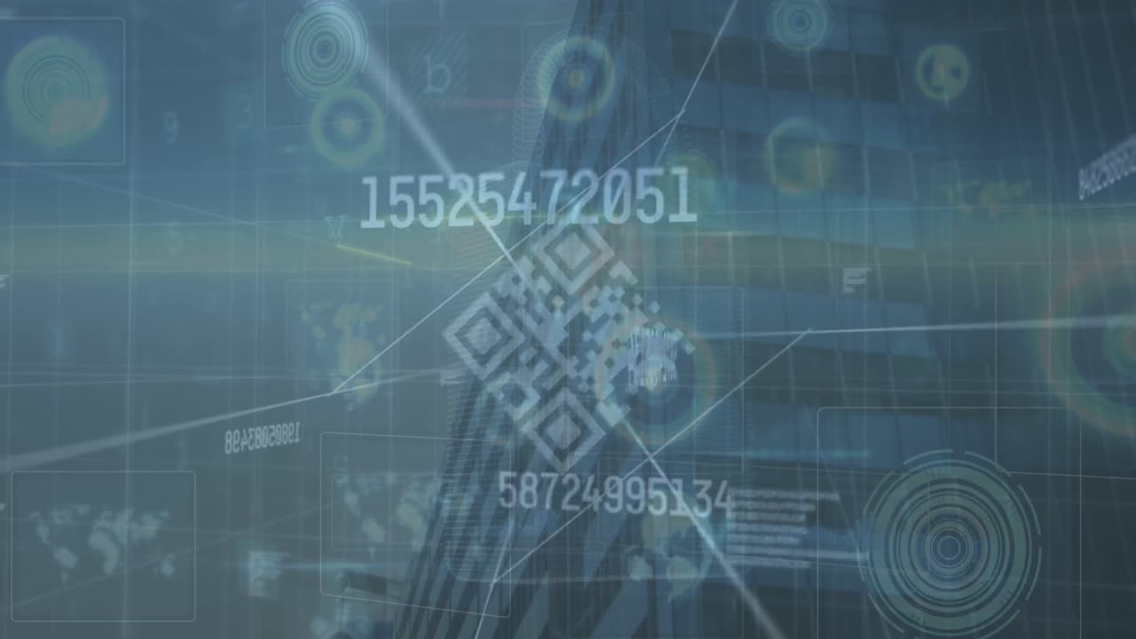 도시 풍경 위에서 qr 코드와 데이터 처리의 애니메이션