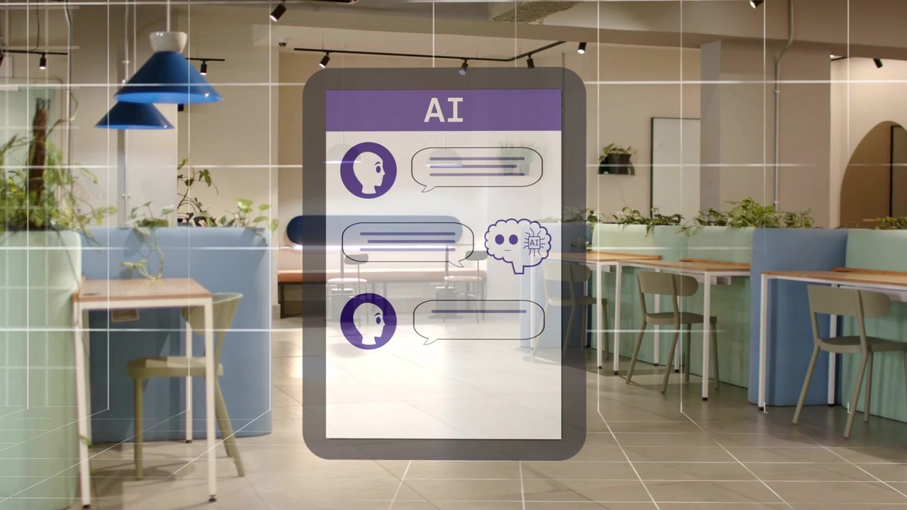 Video verticale: Tablet AI che appare e anima una chat in una lounge di lavoro, con icone di avatar e cervello
