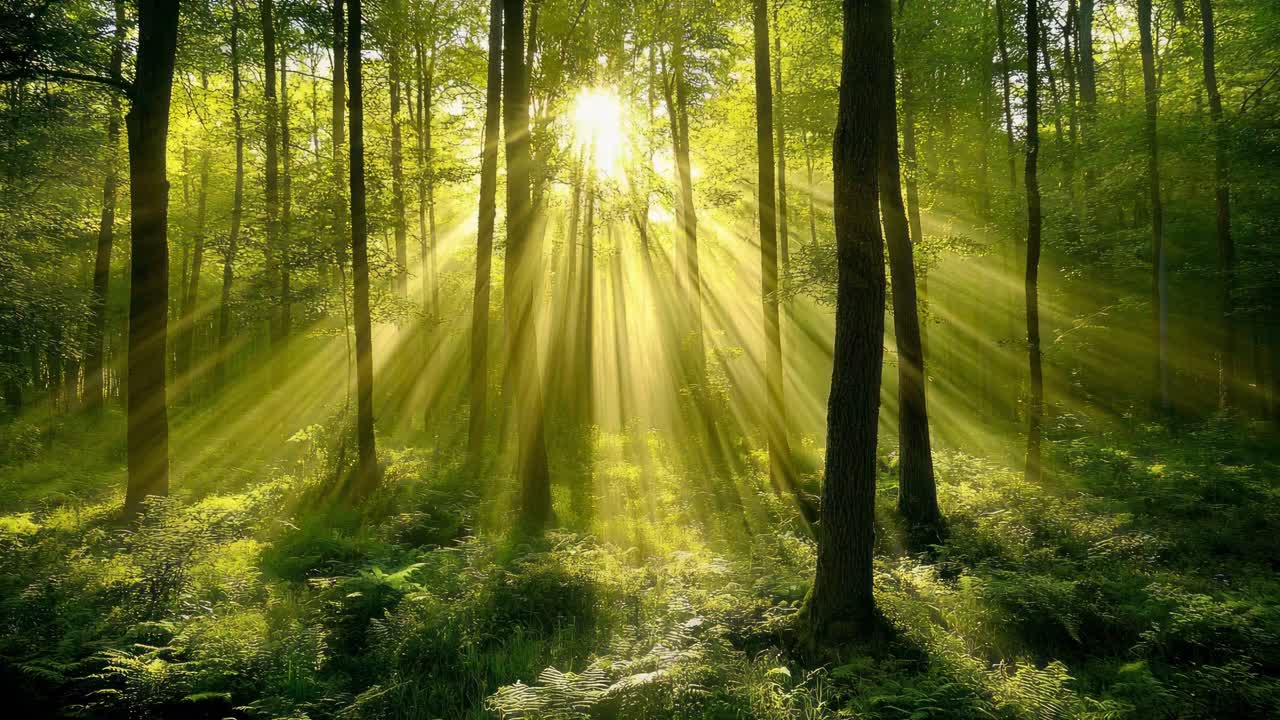 Sunlight filters through a lush forest canopy, casting radiant beams on the foliage
