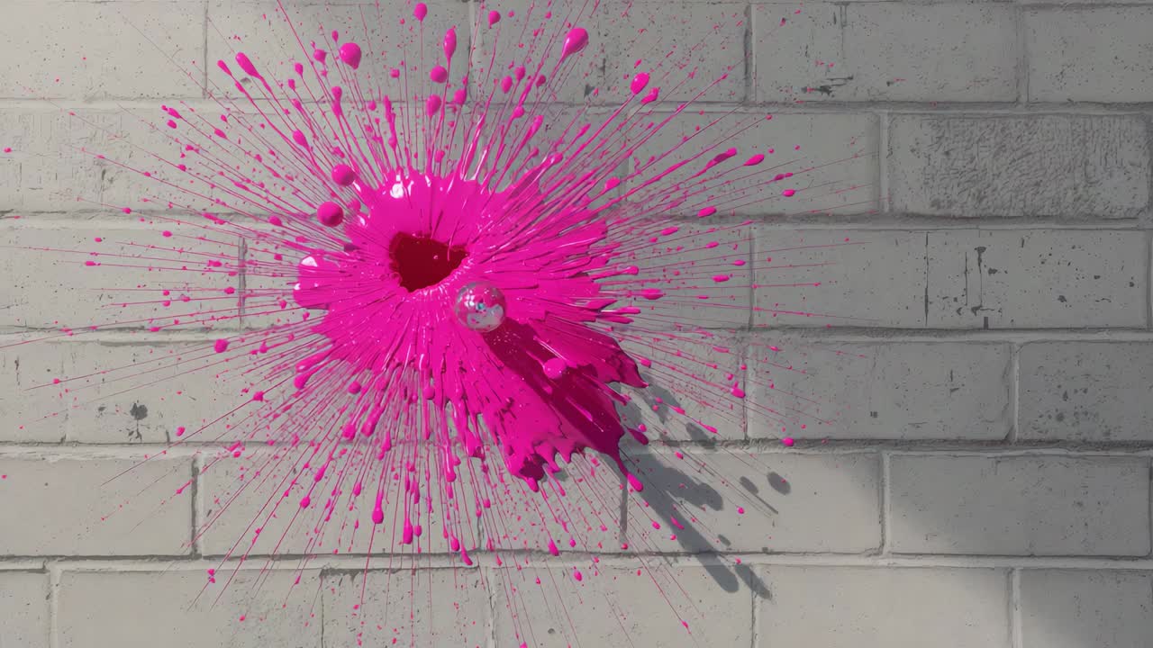 Magenta maling sprøjter og rammer en hvid murstensvæg – dråber falder, mens dryp og skygger bevæger sig