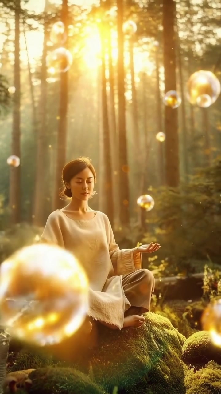 Donna che medita in una foresta magica con sfere dorate fluttuanti