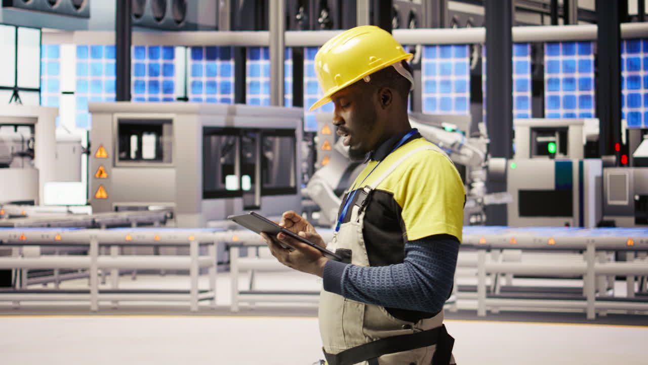 Vertical video Technician in solar panels factory does maintenance using tablet