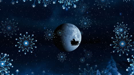 animation of christmas snowflakes falling over globe and santa sleigh on black background