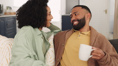 love, couple and coffee on sofa