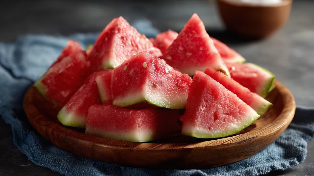 A Refreshing Display of Juicy Watermelon Slices Perfect for Summer Feasting, Showcasing Colorful, Freshly Cut Fruit on a Wooden Plate with a Soft Cloth Background