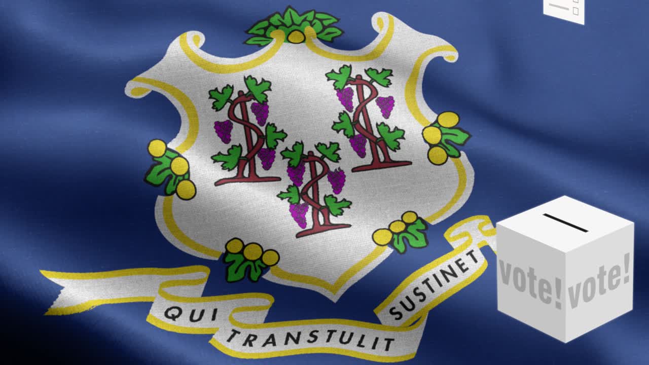 State of Connecticut - Ballots fly to box for Connecticut selection - Ballot box in front of flag - Election - National flag Connecticut State wave Pattern loopable Elements - Fabric texture and endless loop - Connecticut State Loopable Flag