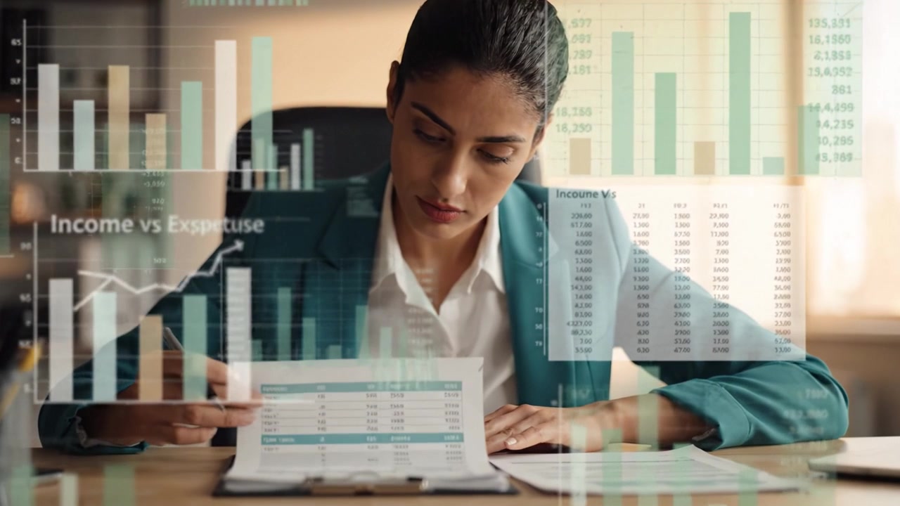 Empresária Focada Analisando Relatórios Financeiros com Gráficos e Dados na Mesa em um Ambiente de Escritório Moderno, Demonstrando Profissionalismo e Dedicação.