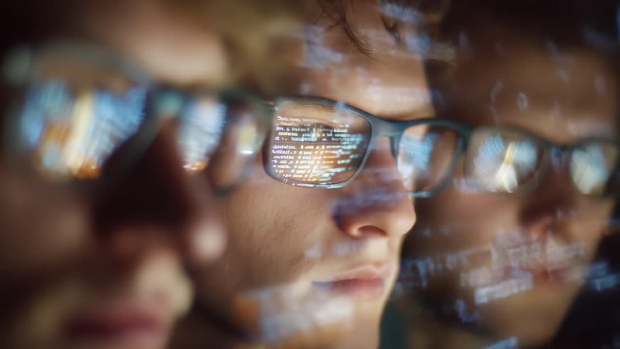 A Focused Individual Engaged in Programming, With Reflected Code Displayed in Their Glasses, Capturing the Essence of Modern Technology and Innovation