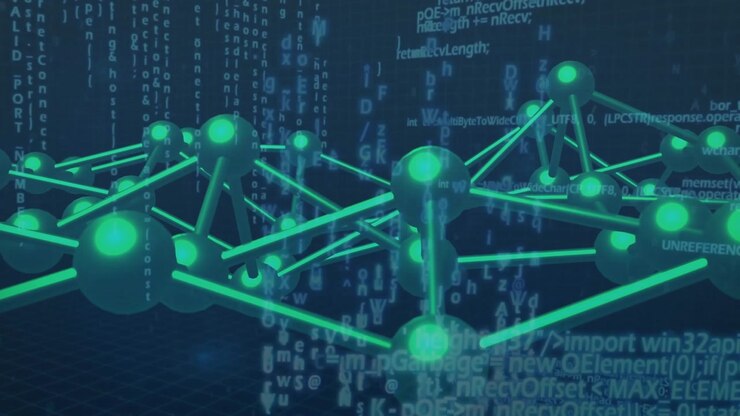 At startup, 3D network lattice orbiting, revealing green nodes and scrolling code for data insight