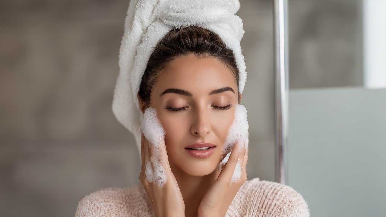 A serene beauty routine: A woman gently cleansing her face with foam in a tranquil bathroom setting, highlighting self-care and refreshing skincare rituals