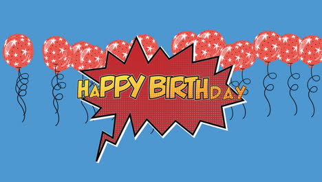 animación del texto de feliz cumpleaños sobre globos rojos sobre fondo azul