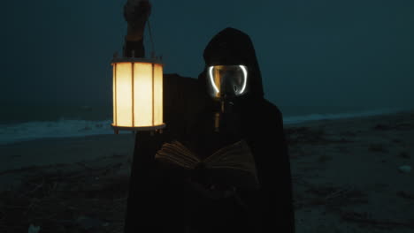 man reads mysteries of hidden book during toxic night of radiation at beach