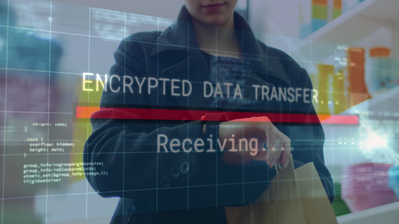 스마트 워치를 사용하는 여성에 대한 데이터 처리 애니메이션