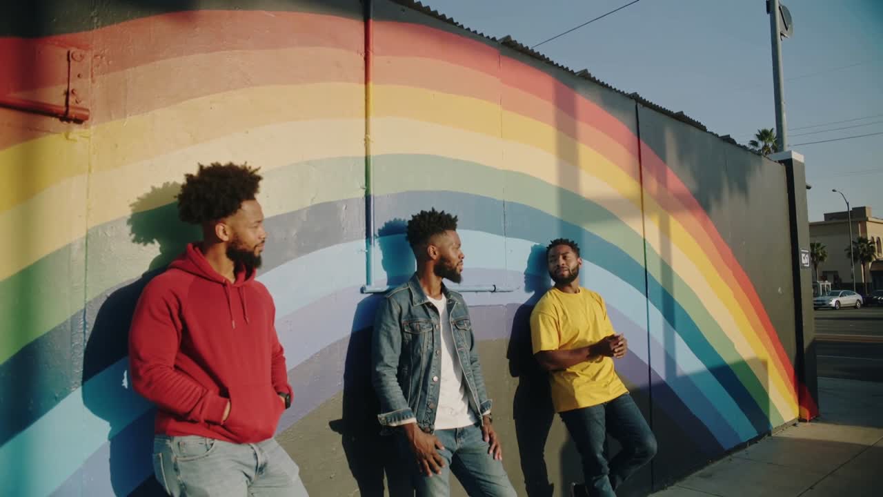Talking rightmost man in yellow-shirt showing phone to denim-jacket and red-hoodie at rainbow mural