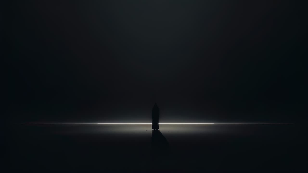 Glowing light strip brightening, hooded figure stepping onto reflective floor, casting long shadow