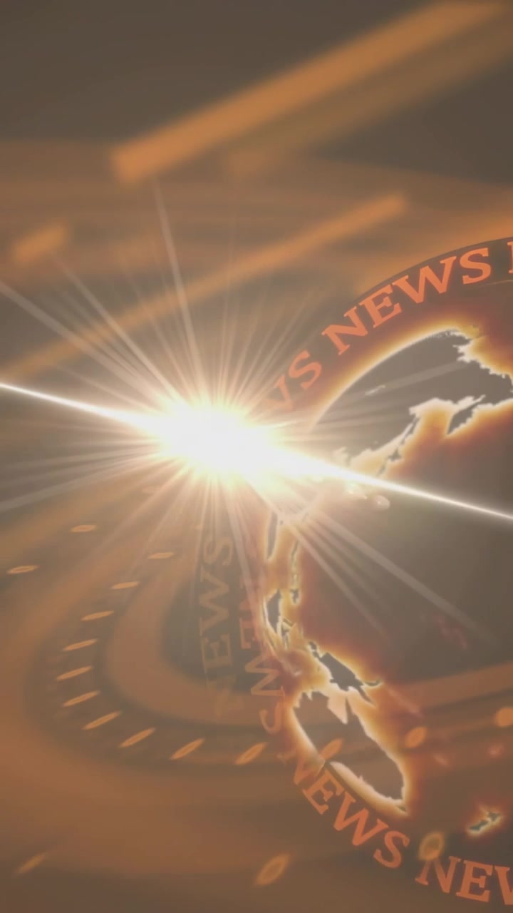 Video vertical: Globo estilizado y anillo de NOTICIAS girando, haz izquierdo barriendo, produciendo un destello para noticias