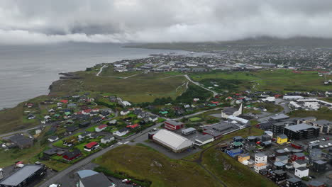 torshavn coastal city, capital of faroe islands, cloudy day aerial